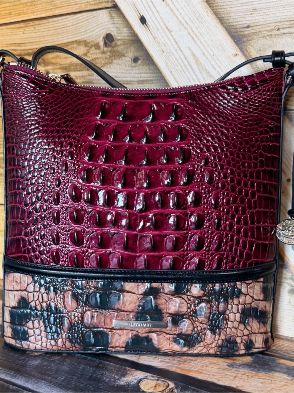 FIRM ~~ Brahmin KATIE CHERRY LACQUER TOWERS CROSSBODY BAG LEOPARD RICH BERRY
